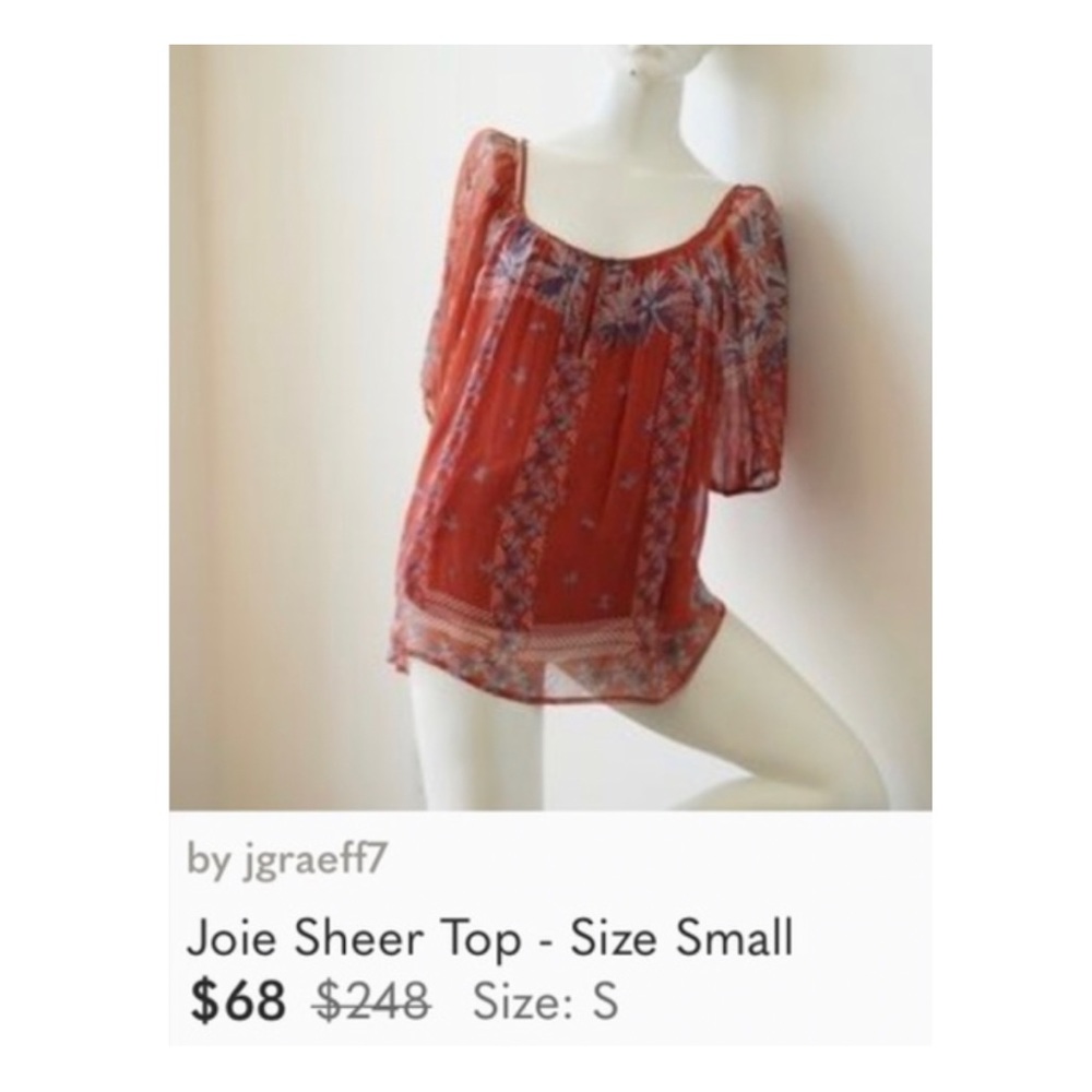 JOIE 3/4 Bell Sleeve Sheer Blouse, Red, Blue, Size Small